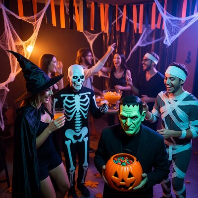 Halloween Party with Witch Skeleton Frankenstein Mummy
