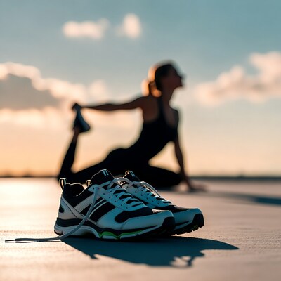 White sneakers with woman stretching sunset