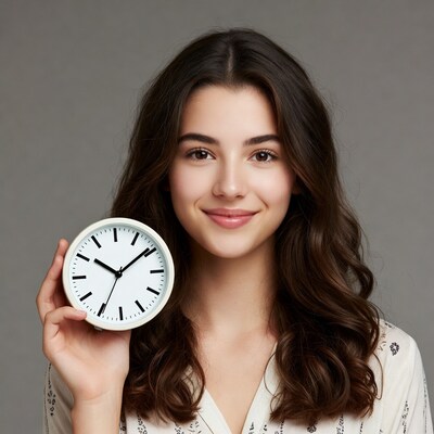 Smiling woman holding white clock