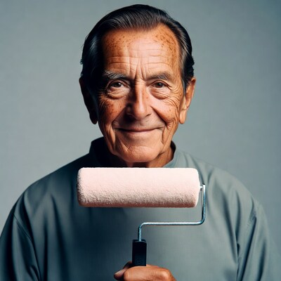 Elderly man holding paint roller