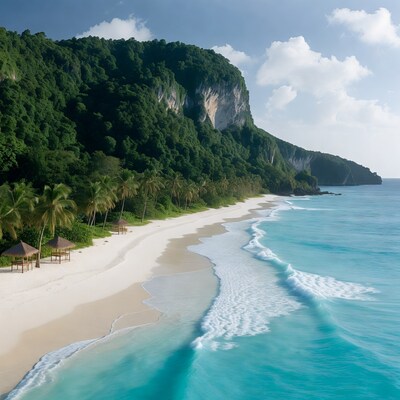 Tropical Beach with Cliffs and Palm Thatched Huts