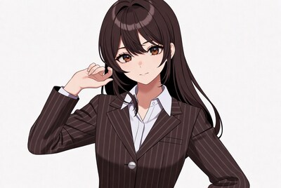 Anime girl in pinstripe suit posing