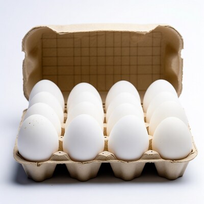 Dozen white eggs in open carton