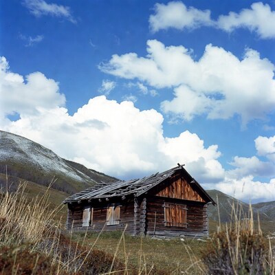 Abandoned log cabin in mountains