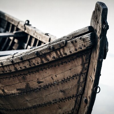 Close-up of weathered wooden boat bow