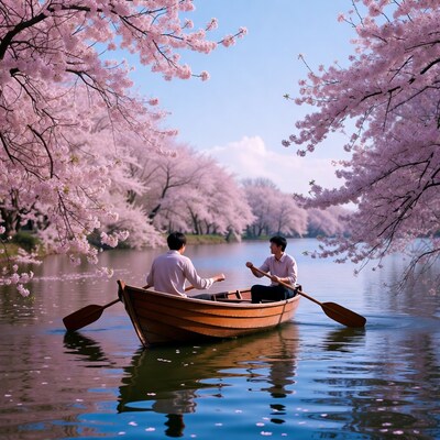 Asian men rowing boat cherry blossoms