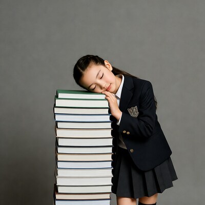 Asian girl sleeping on books