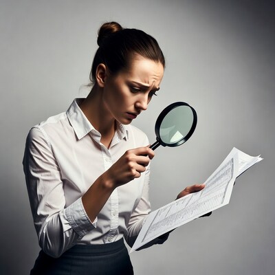 Woman examining document with magnifying glass