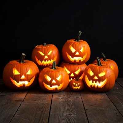 Jack-o'-lantern pumpkins on wooden table