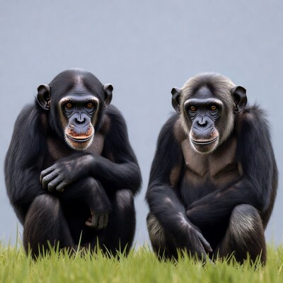 Two chimpanzees sitting on grass