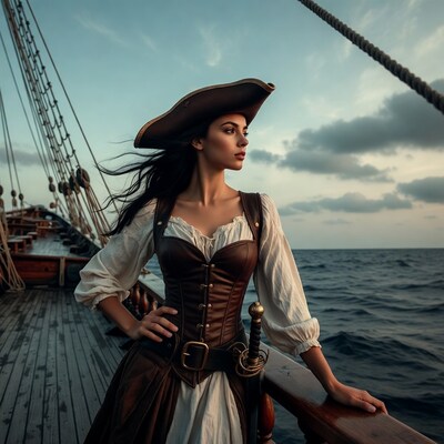 Pirate woman on ship deck