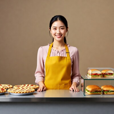 Asian woman in apron at food counter