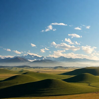 Green rolling hills and snow-capped mountains