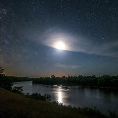 Moonlit River with Milky Way and Stars