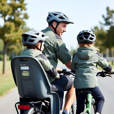 Father biking with children in child seat