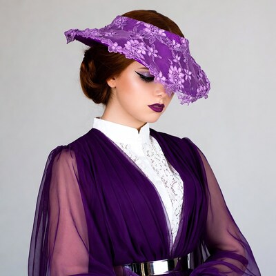 Woman in purple lace hat and dress