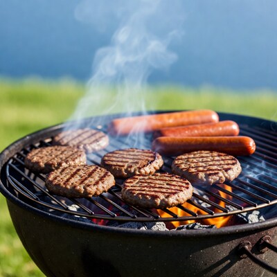 Burgers and Sausages Grilling Outdoors