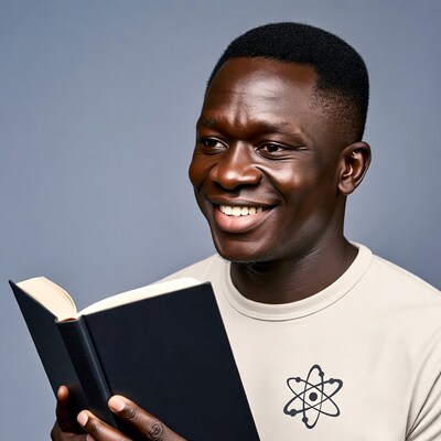 African man reading book smiling