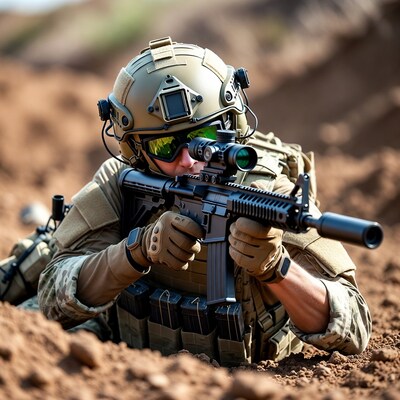 Soldier aiming rifle in desert trench