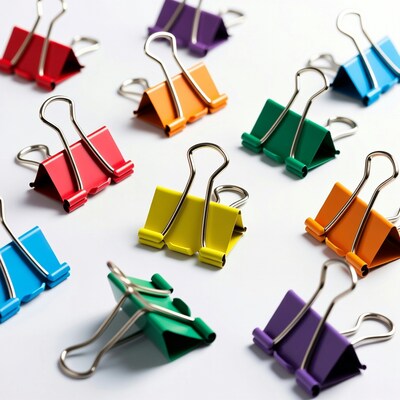 Colorful binder clips on white background