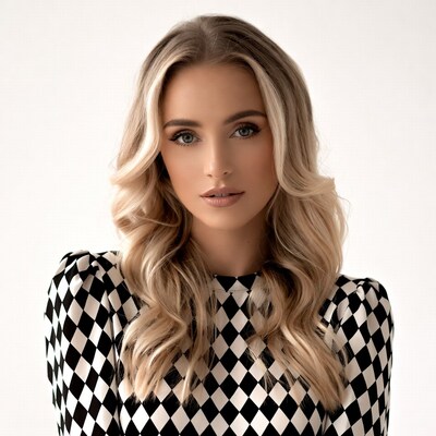 Blonde woman in houndstooth top
