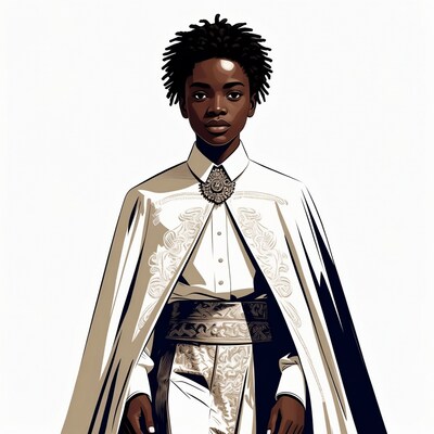 African boy in ornate white cape