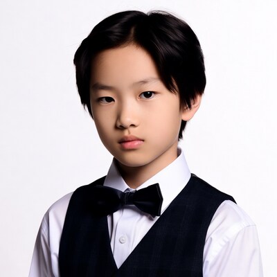 Asian boy in black bow tie vest