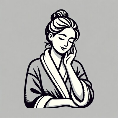 Woman touching face in bathrobe