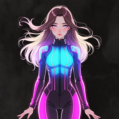 Anime girl in glowing blue suit