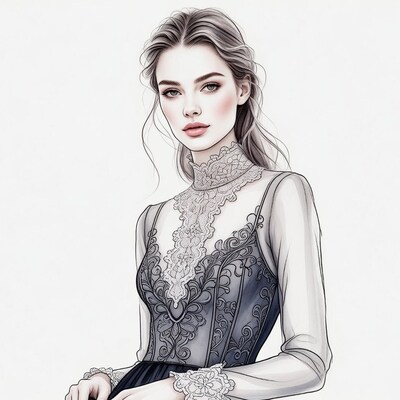 Woman in lace Victorian dress illustration