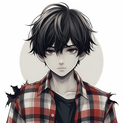 Anime boy in torn plaid shirt