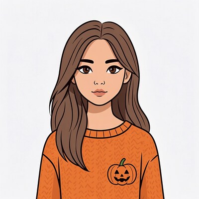 Asian girl in Halloween pumpkin sweater