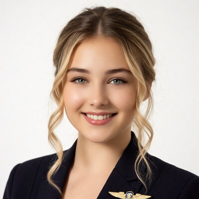 Smiling woman in flight attendant uniform