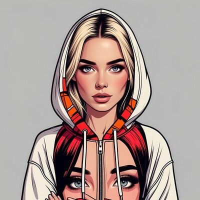 Blonde woman in hoodie peeking through zipper