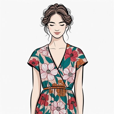 Woman in floral print dress illustration