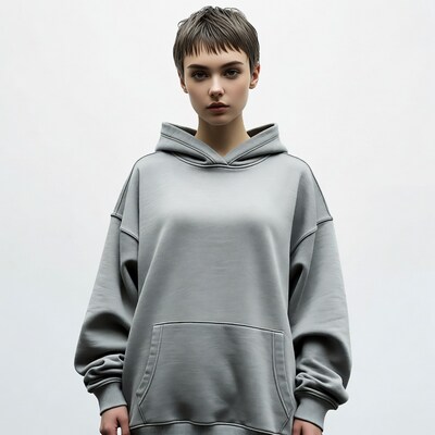 Woman in gray oversized hoodie