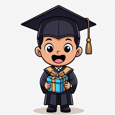 Boy in graduation gown holding gift