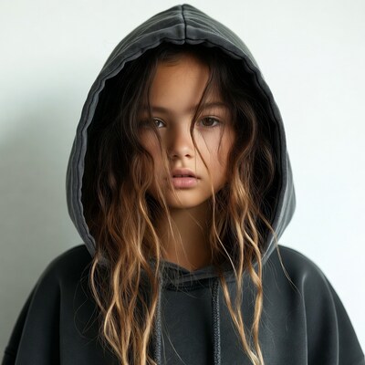 Girl in gray hoodie with wavy hair