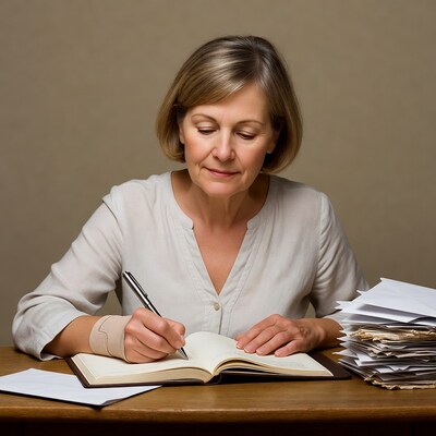 Mature woman writing in notebook