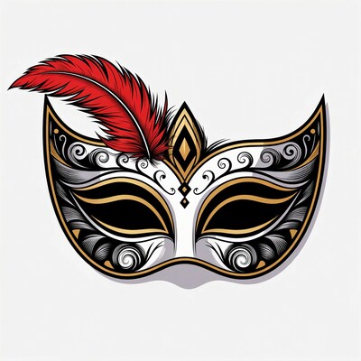 White Venetian Mask with Red Feather