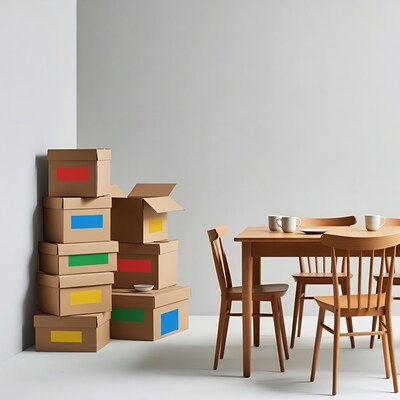 Stacked Colorful Boxes Near Wooden Dining Table