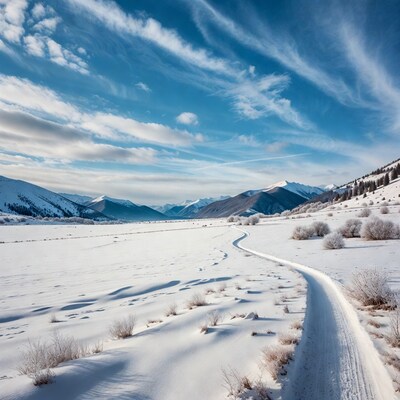 Snowy Mountain Valley with Winding Trail