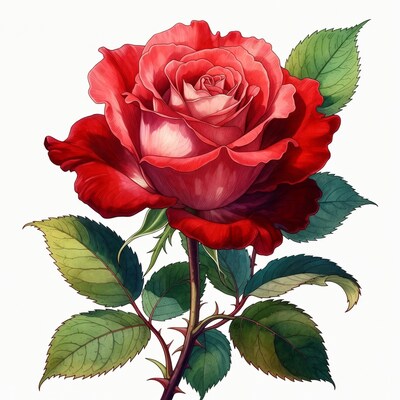 Red Rose with Leaves Illustration