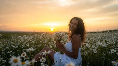 Woman holding daisies in field at sunset