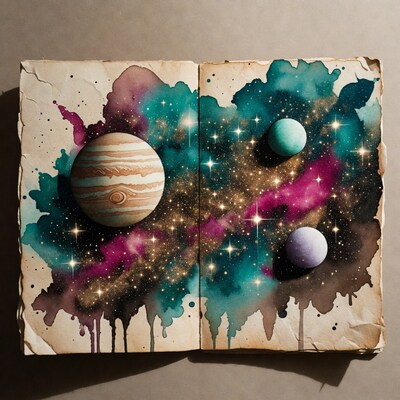 Watercolor Galaxy with Jupiter in Open Book