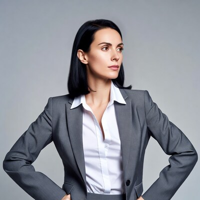 Woman in gray suit with hands on hips