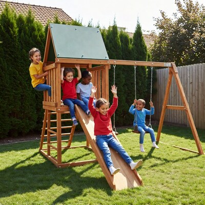 Children playing on backyard playset