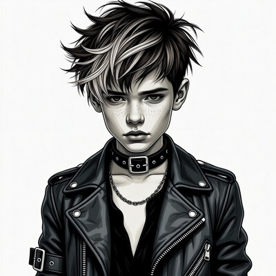 Androgynous youth in leather jacket choker
