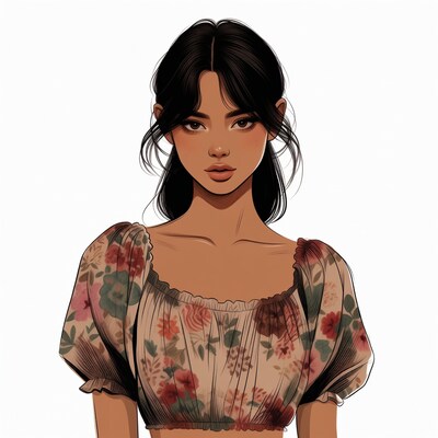 Asian woman in floral off-shoulder top