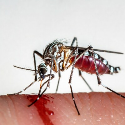 Mosquito biting human finger